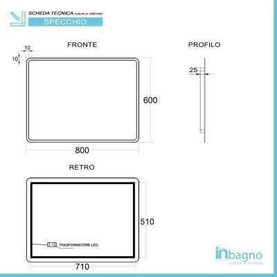 Specchio bagno 80x60 cm reversibile con cornice slim LED naturale