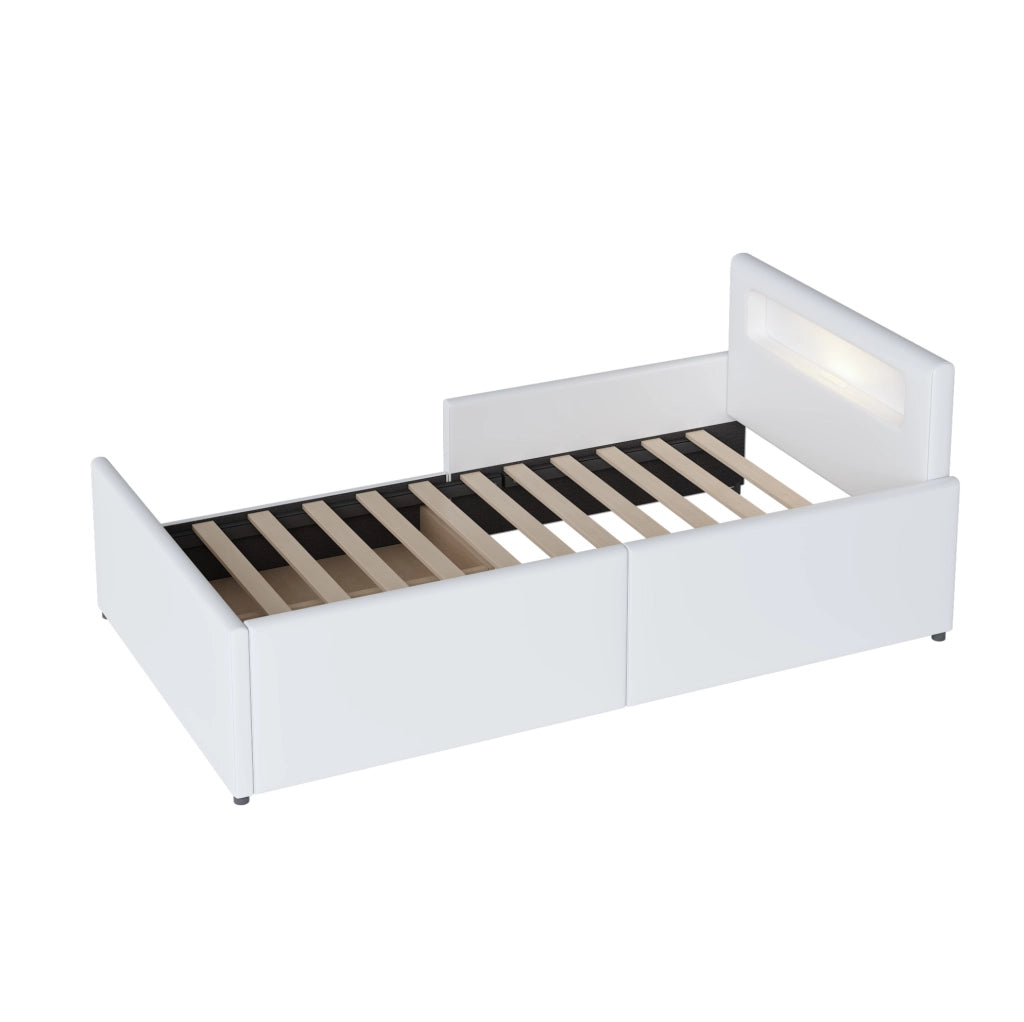 Letto per bambini 90x200 cm con luce notturna, USB e cassetti in similpelle bianca