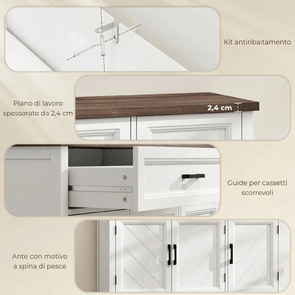 Credenza Cucina con Ante, Cassetti e Ripiani Regolabili ¨C zephmum ¨C Bianco, Legno