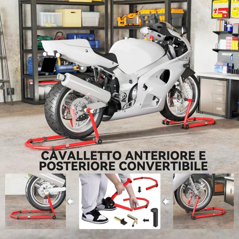 CAVALLETTO MOTO ANTERIORE E POSTERIORE CON CAPACITÓ 390 KG, FORCELLE A U E L, ROTELLE E CUSCINETTI ANTISCIVOLO, ROSSO