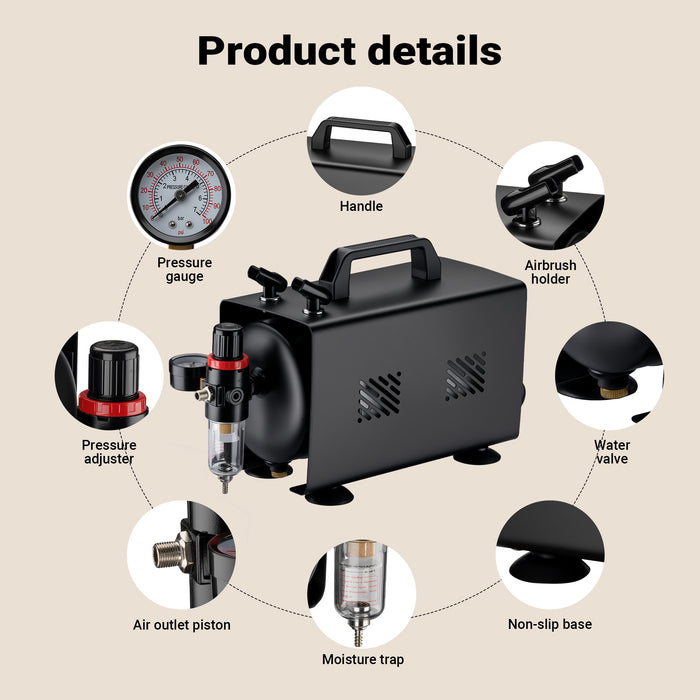 Compressore aerografo AS18TB 1/6 CV, con portata d'aria 20-23 l/min, compressore silenzioso per pistola aerografo con serbatoio da 1 litro, aria compressa per aerografia