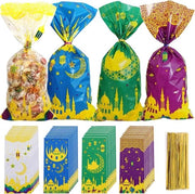 Decorazioni per Festa Eid Mubarak 100 pezzi - Borse per regali tazze cellofan trasparente plastica - borsa con 100 nastri di nastro dorato per decorazioni di Festa Eid Mubarak (A)