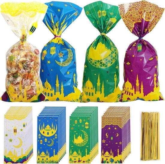 Decorazioni per Festa Eid Mubarak 100 pezzi - Borse per regali tazze cellofan trasparente plastica - borsa con 100 nastri di nastro dorato per decorazioni di Festa Eid Mubarak (A)