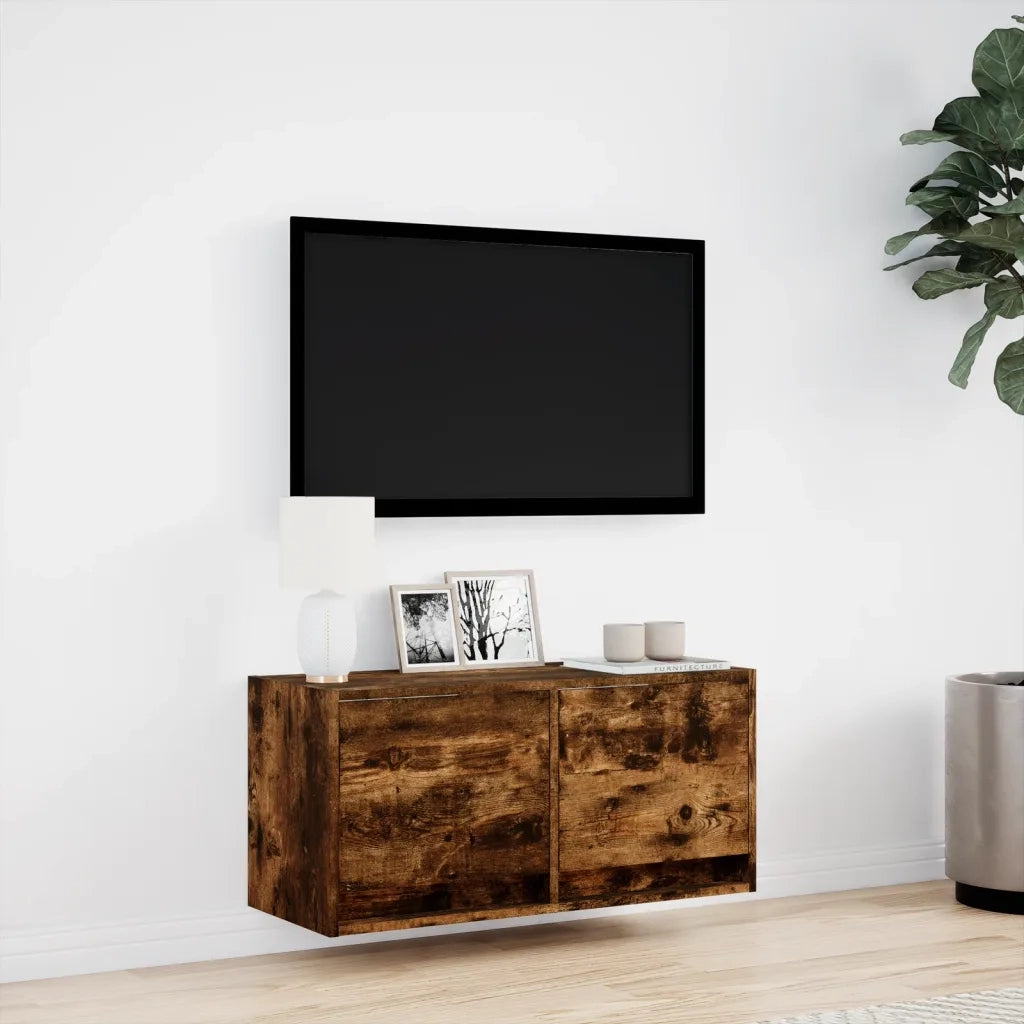 Mobile TV a Parete con Luci LED Rovere Fumo 80x31x35 cm