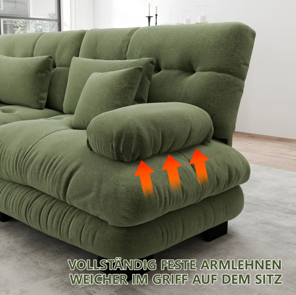Divano modulare in chenille verde con 2 pouf mobili; 2 cuscini lombari e 2 cuscini decorativi