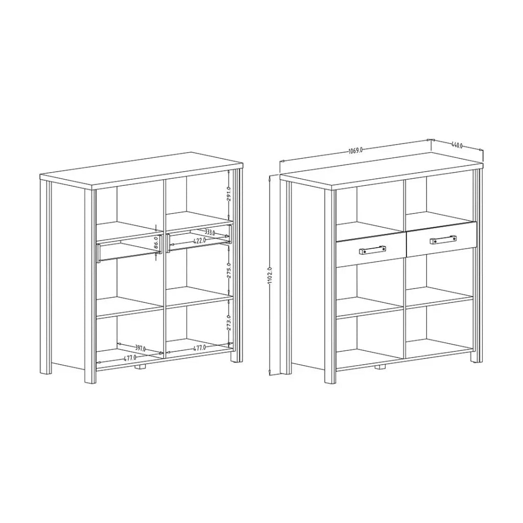 Credenza WINDSOR grigio antracite e rovere scuro - 110 cm - 2 cassetti, 6 vani - 107 x 110 x 44 cm