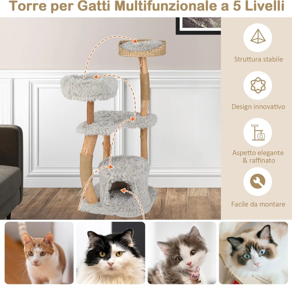 Albero per Gatti in Legno Alto 124 cm, Albero Tiragraffi per Gatti in Legno Massello con Pali di Corda di Juta, Torre Moderno per Animali Domestici Interni a 5 Livelli (Grigio)