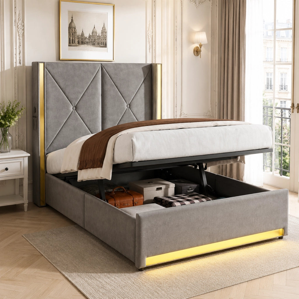 Letto in velluto con testiera alta, USB, LED e contenitore, 90x200 cm