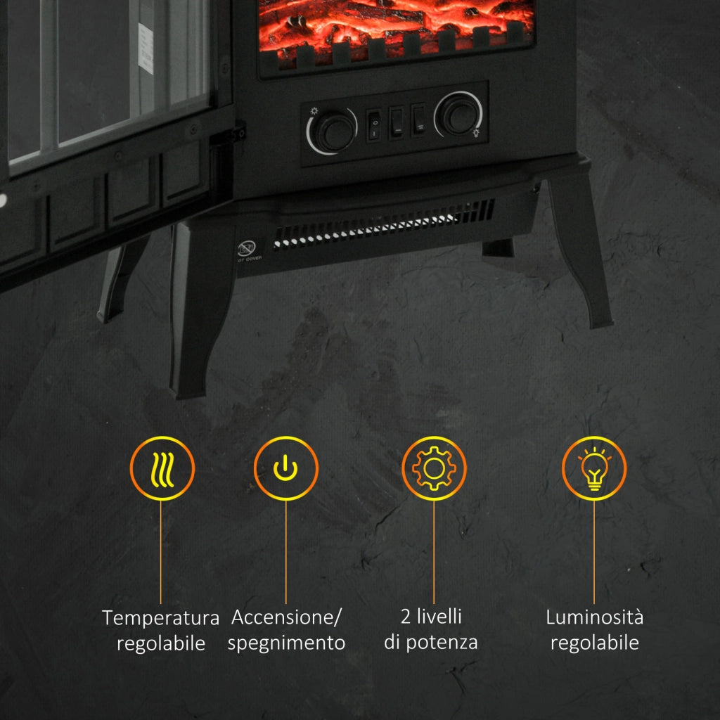 EasyComfort Camino da Terra Elettrico Potenza 1000W / 2000W con Effetto Fiamma Luminosità Regolabile, Caminetto Elettrico con Temperatura Regolabile e Protezione Anti Surriscaldamento, 39x23x56.5cm, Nero