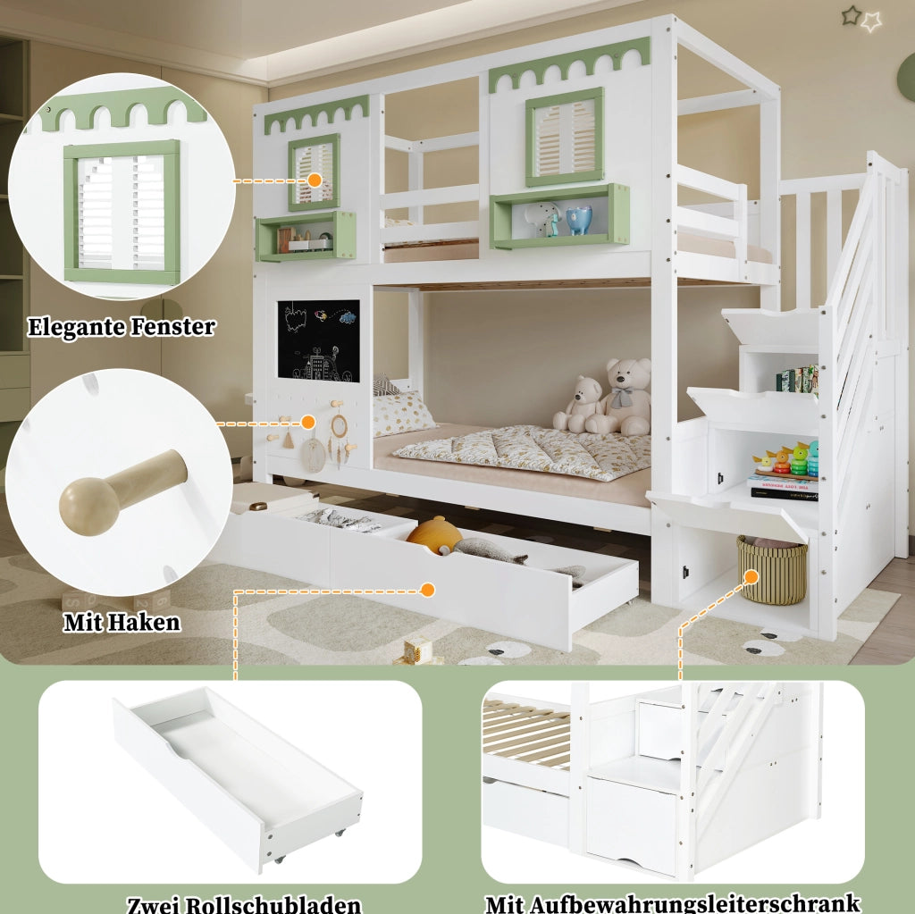 Letto a castello per bambini 90x200 cm con scaletta contenitore; 2 cassetti; pino e MDF bianco-verde
