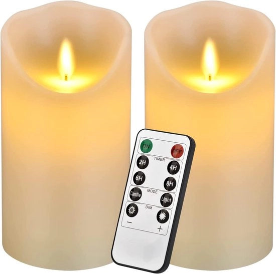 Candele senza fiamma 6 pollici, 2 pezzi candele bianche senza gocce, inclusa tecnologia LED fiamma realistica e telecomando a 10 pulsanti con timer 24 ore. Ogni candela funziona con 2 batterie AA (non incluse) e dura circa 400 ore.