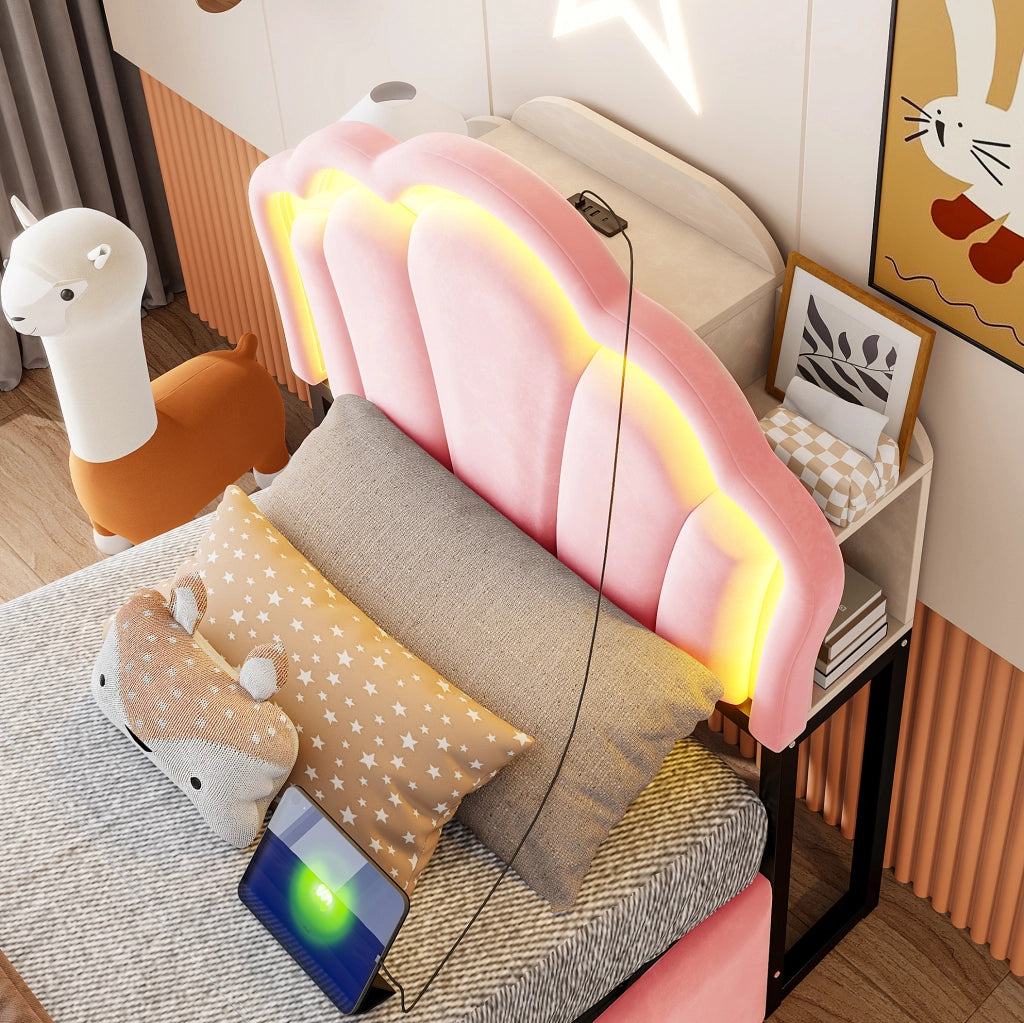 Letto imbottito 90x200 cm in velluto rosa con contenitore idraulico; LED e prese integrate