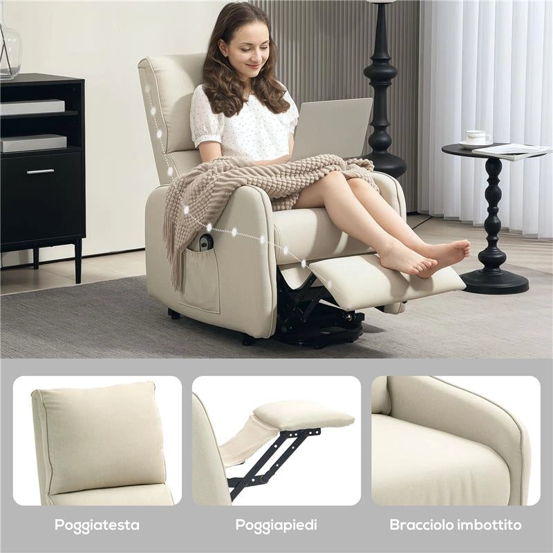 POLTRONA ALZAPERSONA ELETTRICA RECLINABILE CON TELECOMANDO E TASCA IN TESSUTO BEIGE
