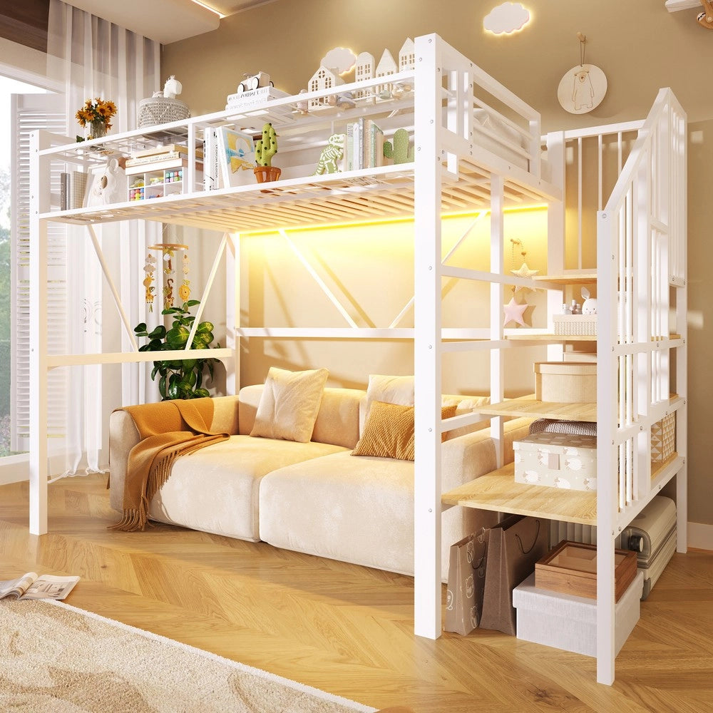 Letto a Soppalco con LED ¨C MINIMAL ¨C Bianco, Metallo, 90x200, con Rete, Contenitore