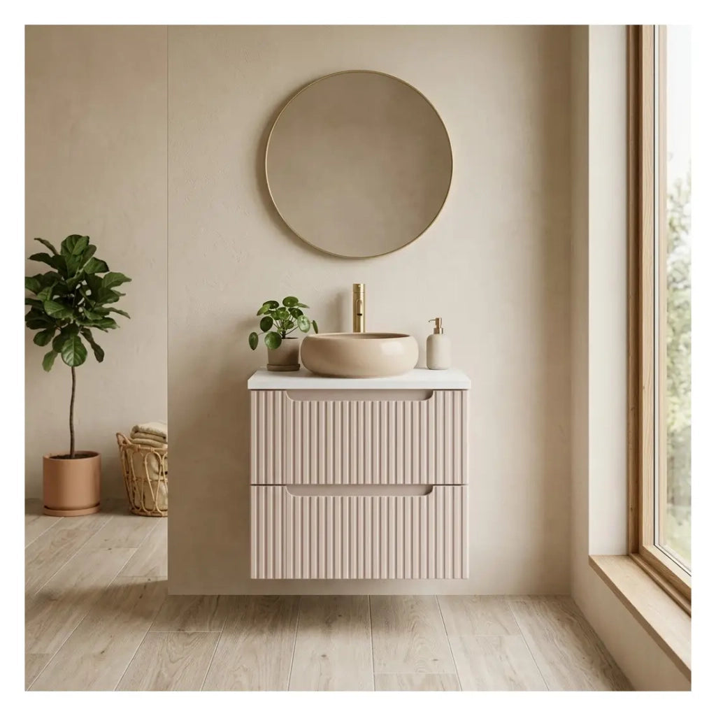 Set VANO cashmere e bianco 60cm: mobile sottolavabo con cassetti + piano per lavabo + lavabo da appoggio marrone cappuccino