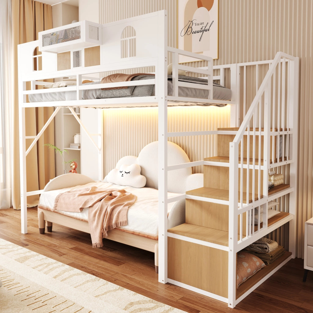 Letto a soppalco in metallo 90x200 cm con scala contenitore, mensola e luci, bianco