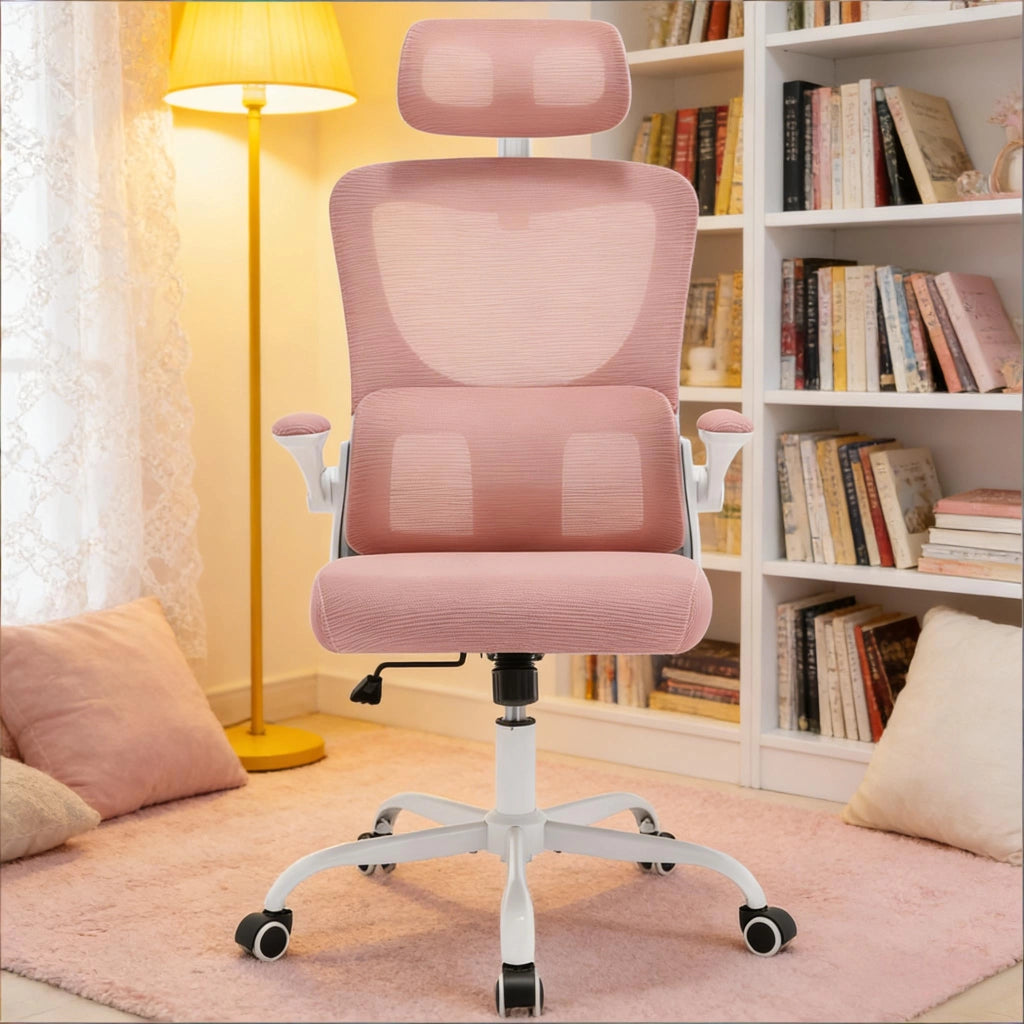 Sedia da ufficio ergonomica girevole rosa con schienale in rete, braccioli pieghevoli e ruote PU