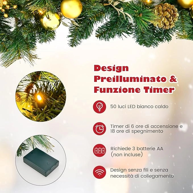 Ghirlanda Natalizia Artificiale Pre-Illuminata da 270 CM con Luci LED Bianco Caldo, Bacche & Palline & Fiori & Pigne Dorate, Decorazione Natalizia a Batteria per Interni ed Esterni