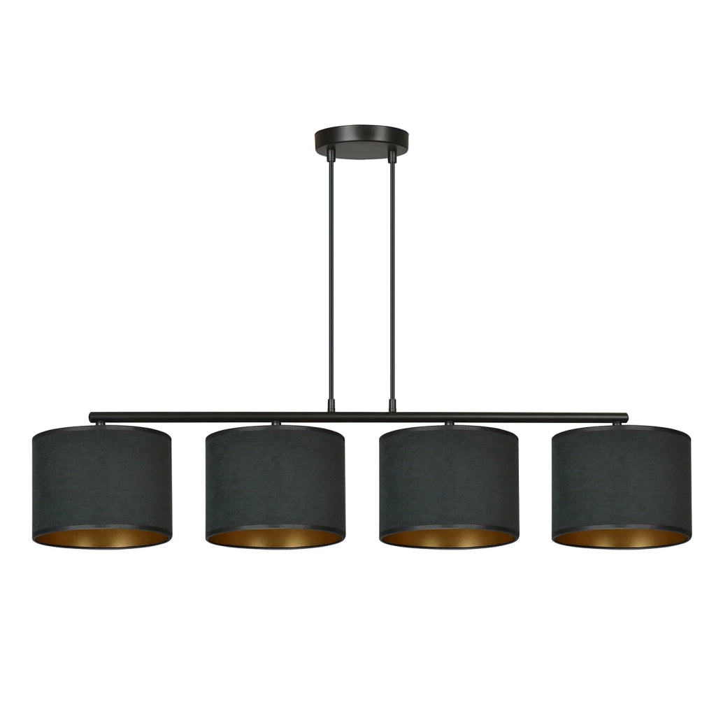 Lampadario 4 Luci Ganesha In Acciaio Nero E Paralumi In Tessuto Nero