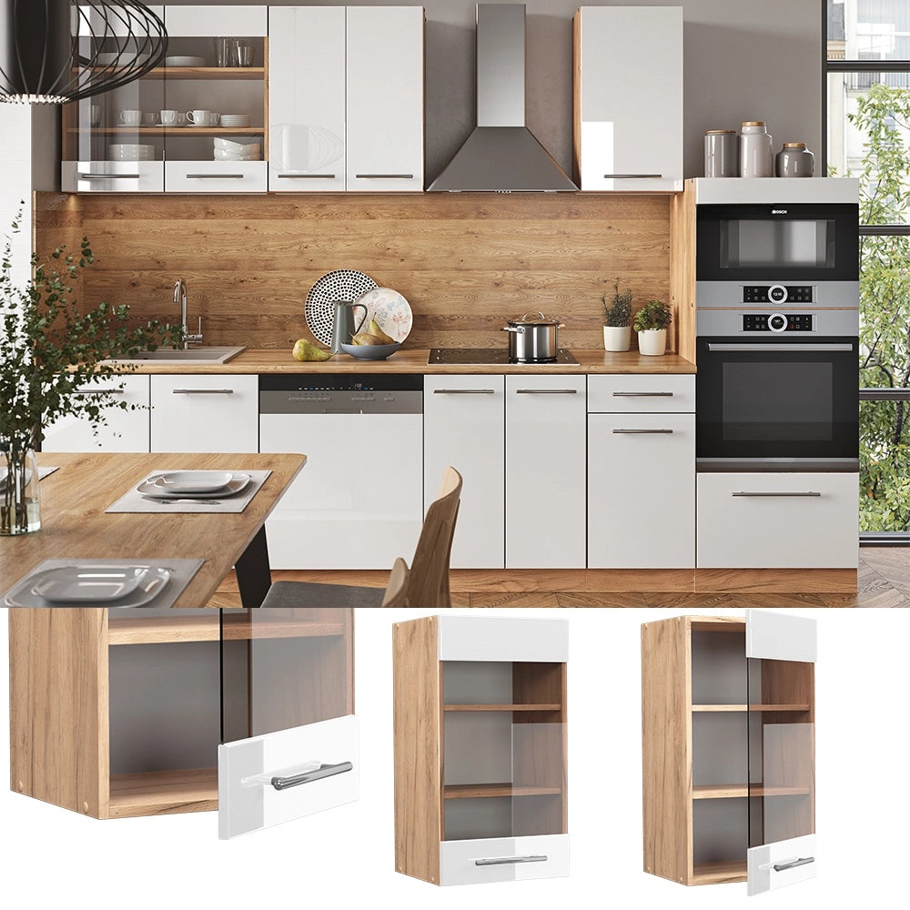 Mobile da cucina in vetro Fame-Line Bianco lucido/Rovere dorato 40 cm Vicco