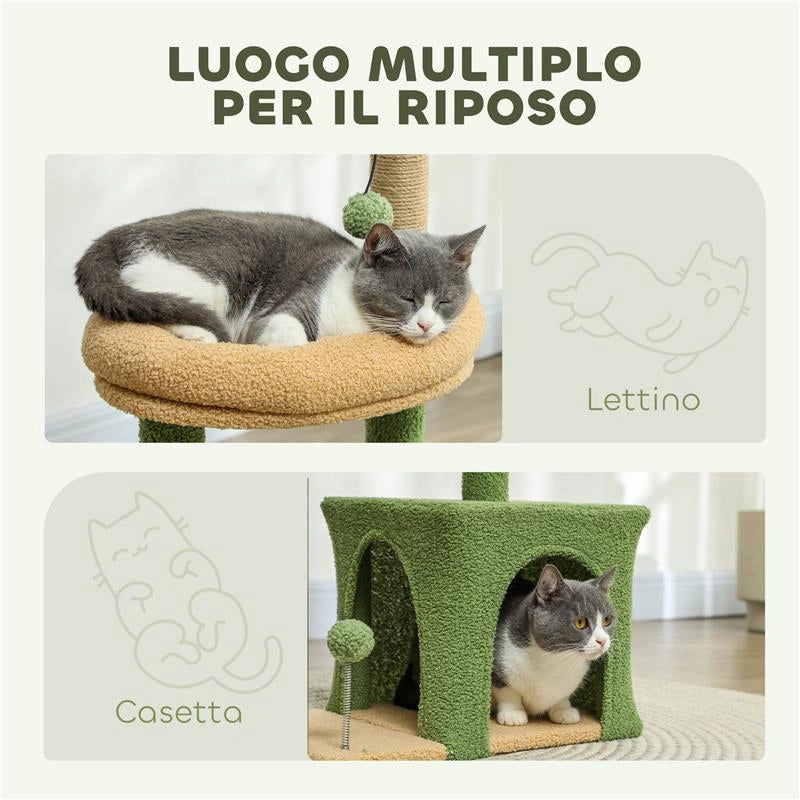 ALBERO TIRAGRAFFI PER GATTI CON CASETTA LETTINO E 2 PALLINE IN LEGNO E POLIESTERE 44X30X98 CM VERDE E MARRONE
