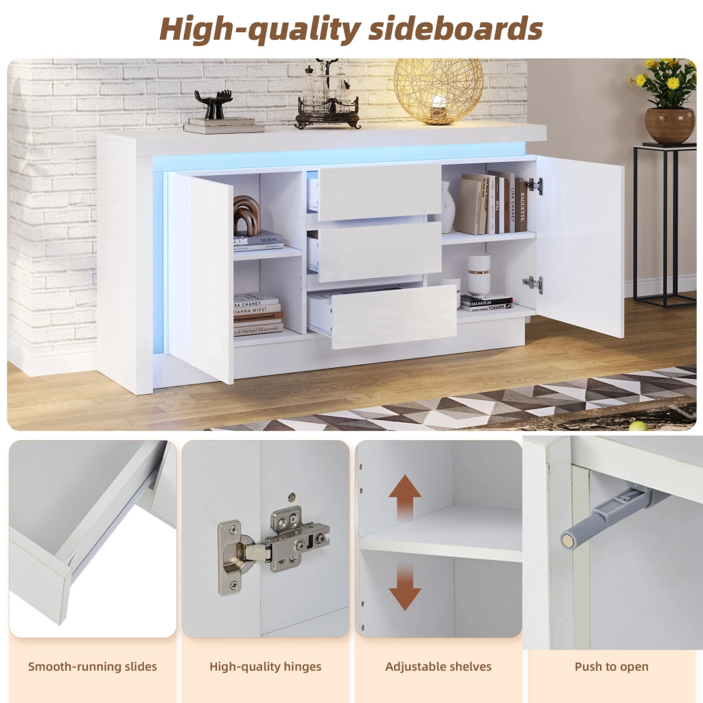 Credenza con 2 ante; 3 cassetti e LED - per soggiorno - 140×35×72 cm - bianco