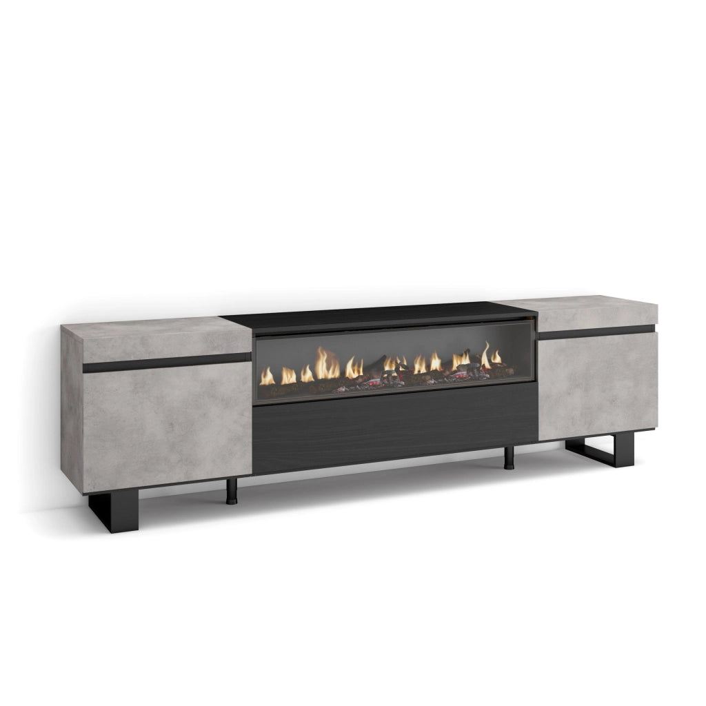 Mobile TV, 200x35x57cm, soggiorno, Per TV fino a 80", Camino elettrico, Design industriale, grigio cemento RF2242