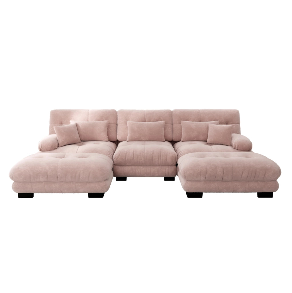 Divano modulare con ottomane mobili in ciniglia rosa