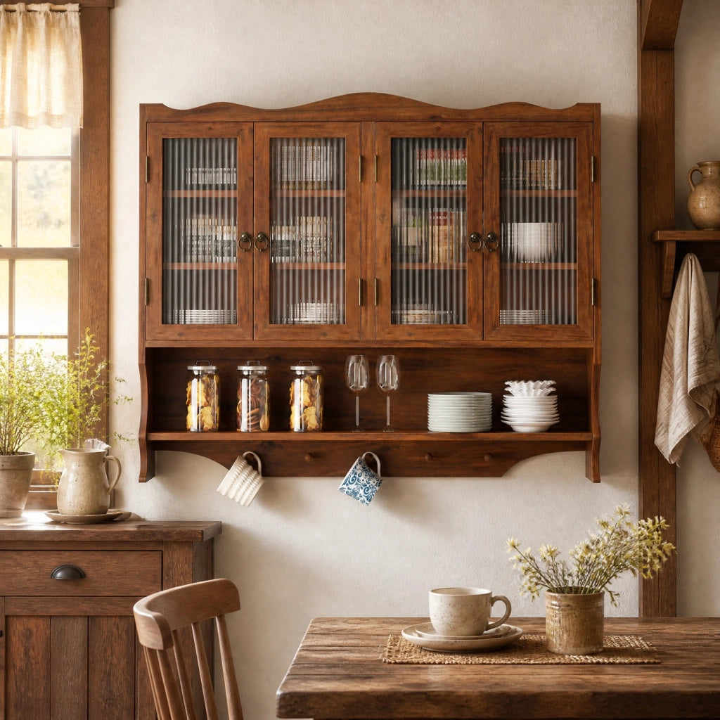 Pensile a 4 ante con ripiani rimovibili e ganci, in legno e vetro, marrone, per cucina e bagno, 100 × 20 × 80 cm