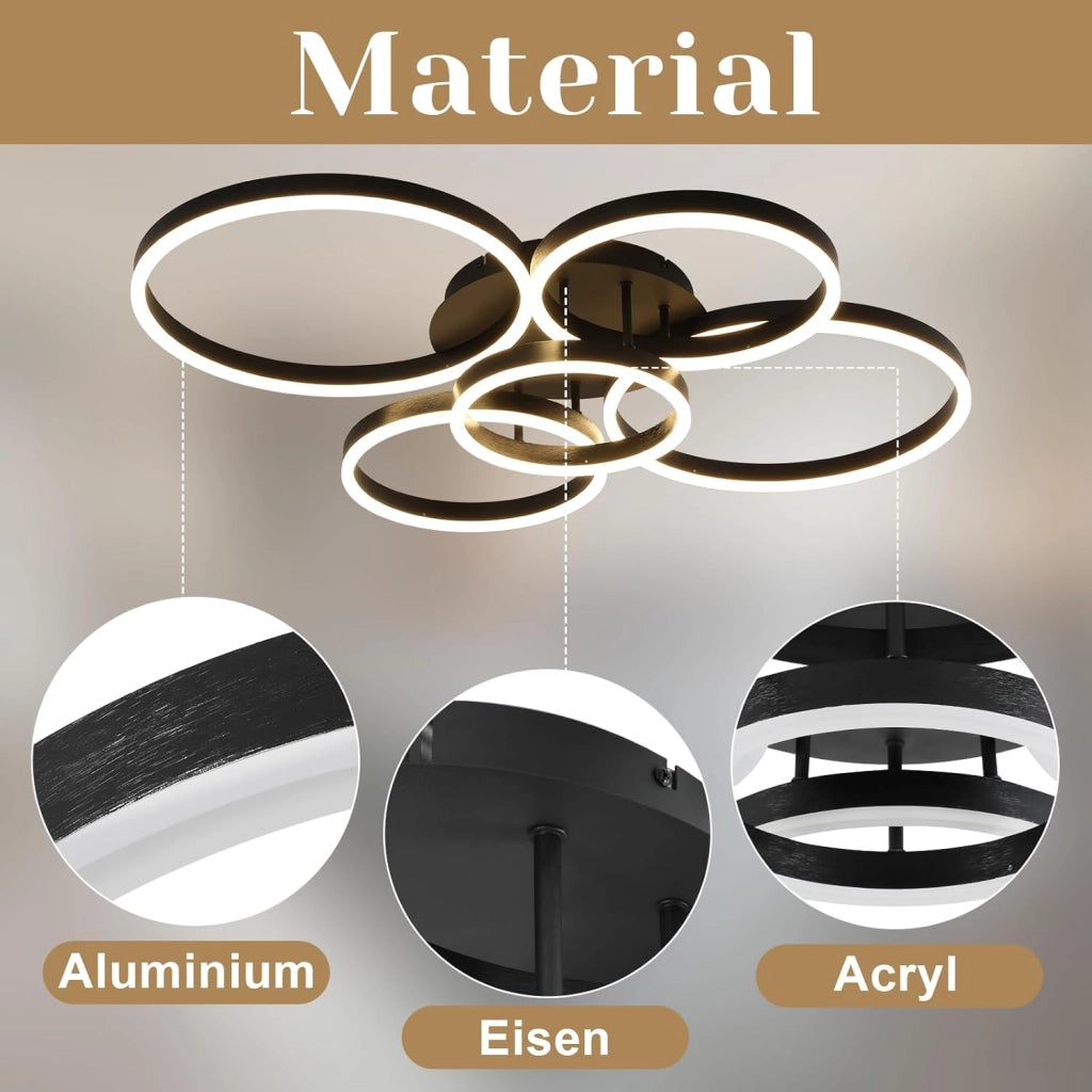ZMH Lampada da soffitto plafoniera LED 78W nera dimmerabile telecomando 5 anelli per soggiorno camera letto