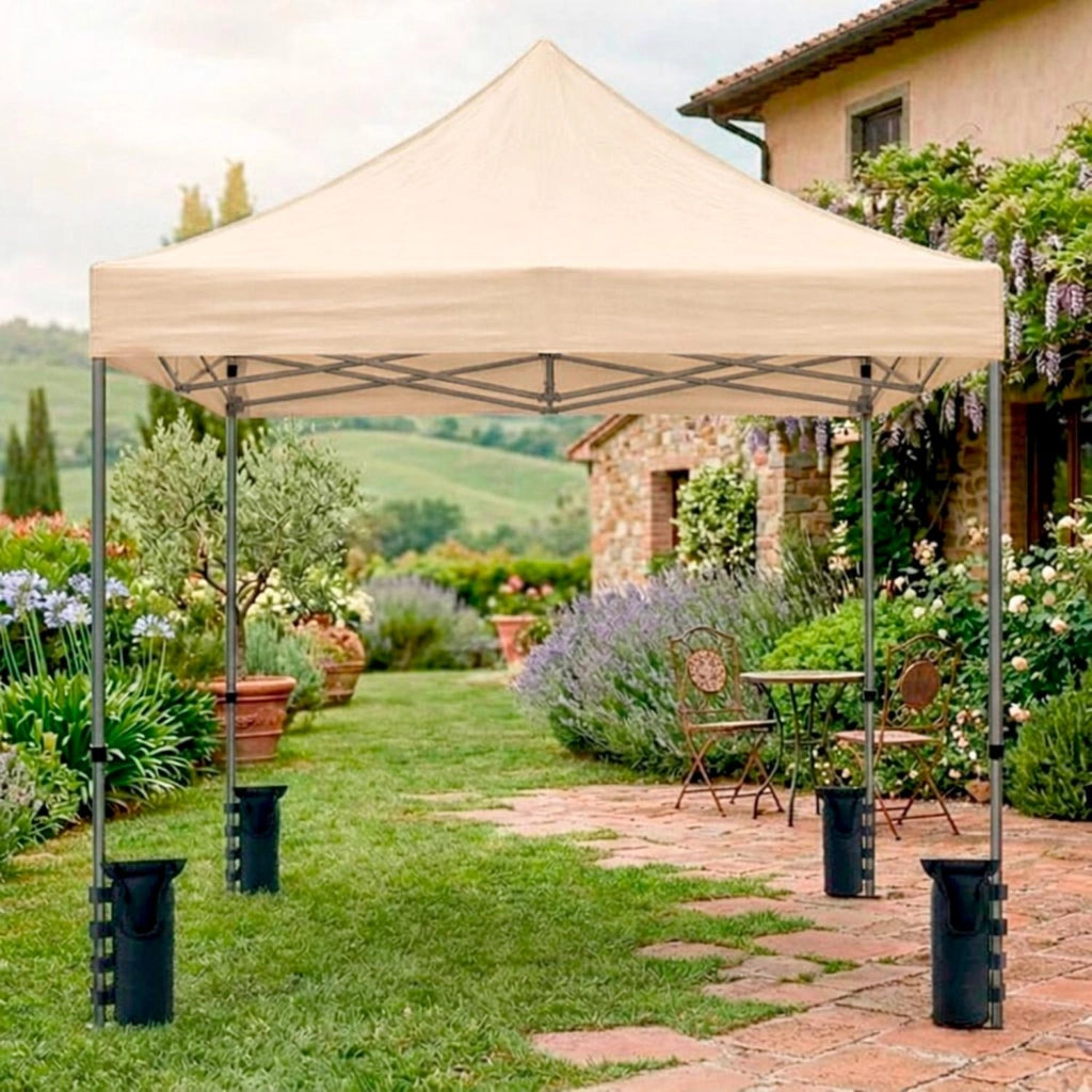 Gazebo Professionale Con Struttura A Fisarmonica Richiudibile Automatico In Acciaio E Telo Oxford 1200D PVC Impermeabile E Anti UV Dotato Di Sacche Zavorra E Borsa Trasporto Per Sagre Feste Eventi 3x3 M Beige
