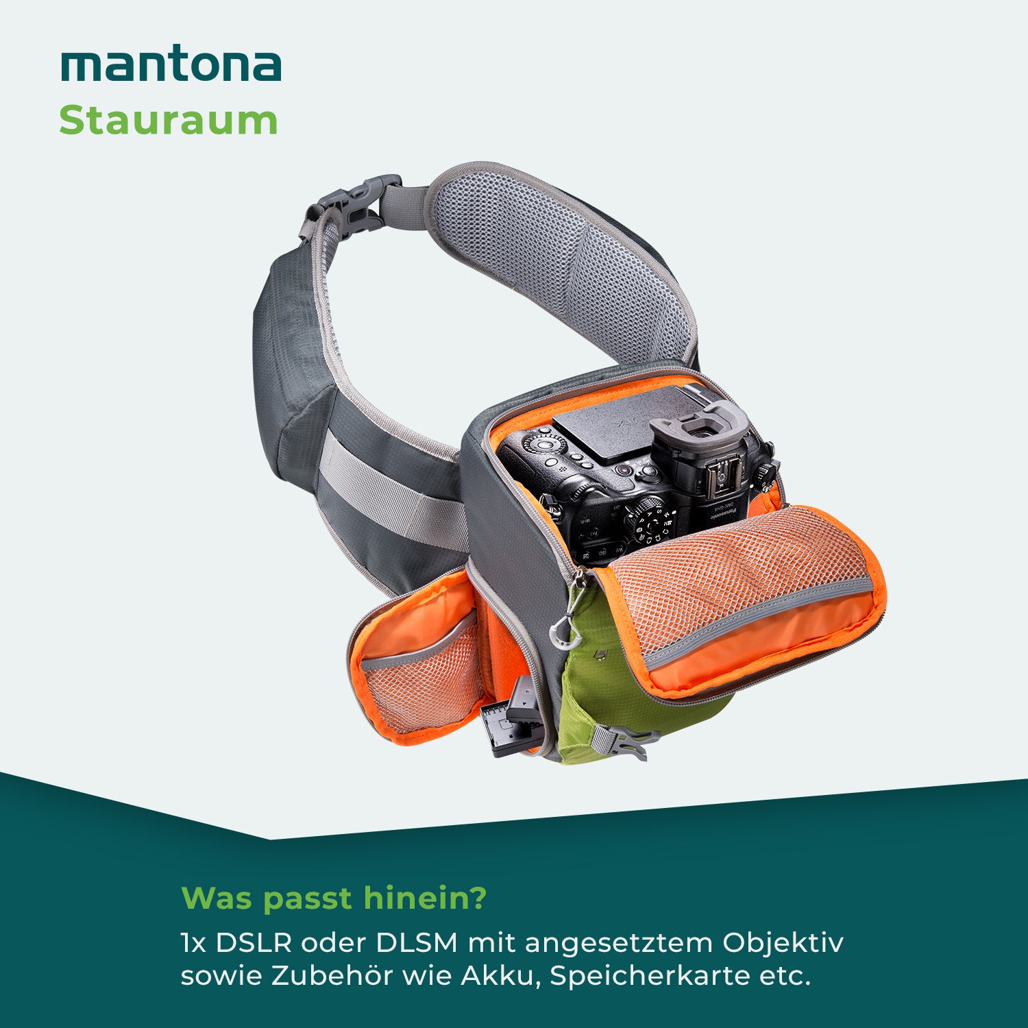 Mantona elementsPro 10 verde - borsa fotografica per fotografi all'aperto con cintura, imbottitura traspirante e copertura antipioggia - compatta e leggera - per fotocamere DSLR
