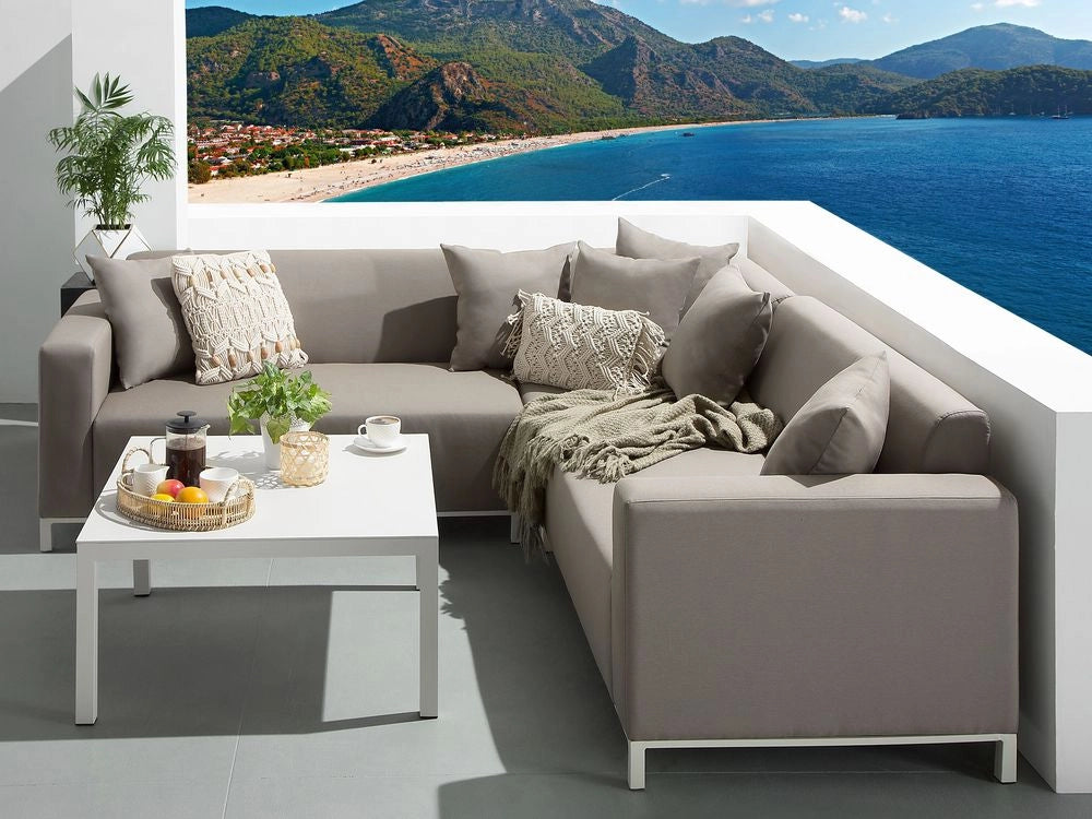 Set di 6 divani componibili per esterni con struttura in alluminio color tortora con cuscini sinistro