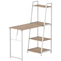 Scrivania Pieghevole con Libreria a 4 Livelli, Scrivania Salvaspazio in Metallo e Legno, 106x48x128cm, Rovere