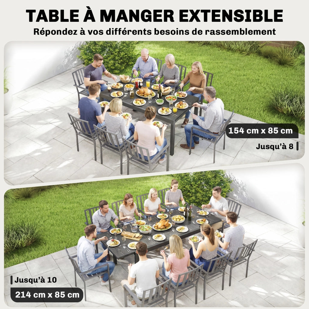 Tavolo da giardino allungabile 8-10 persone effetto legno telaio alluminio gambe regolabili 214x85x75cm grigio antracite ¨C Xylo