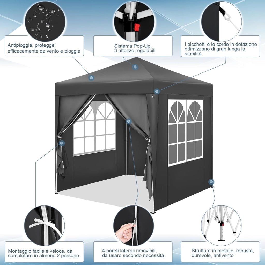 Gazebo Pieghevole da Giardino, Gazebo Impermeabile Pop Up da 2x2m con Pannelli Laterali, Tendone Esterno, Altezza Regolabile, Protezione UV, con Custodia, Antracite