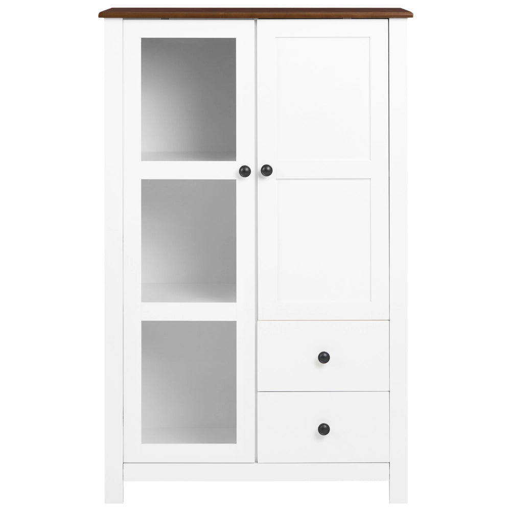 Vetrina bianca in MDF, 80 cm, vetrina alta con ante in vetro e cassetti, stile rustico-country