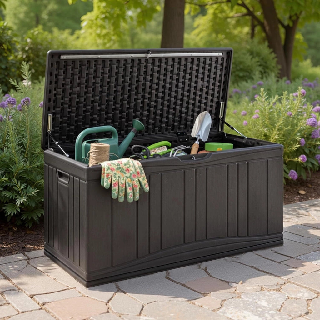 Scatola da giardino impermeabile con coperchio, 300 l, contenitore per cuscini in plastica, contenitore XXL per cuscini, attrezzi da giardino e giocattoli per bambini (marrone)