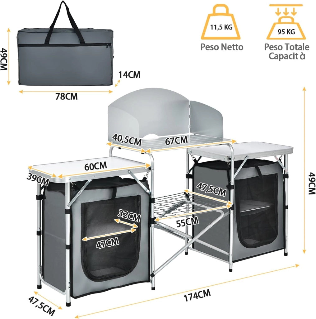 Cucina Portatile Cucina per Esterno Tavolo da Campeggio Pieghevole, Tavolo per Griglia in Alluminio, con Contenitori, per Festa Griglia e Campeggio (Grigio)