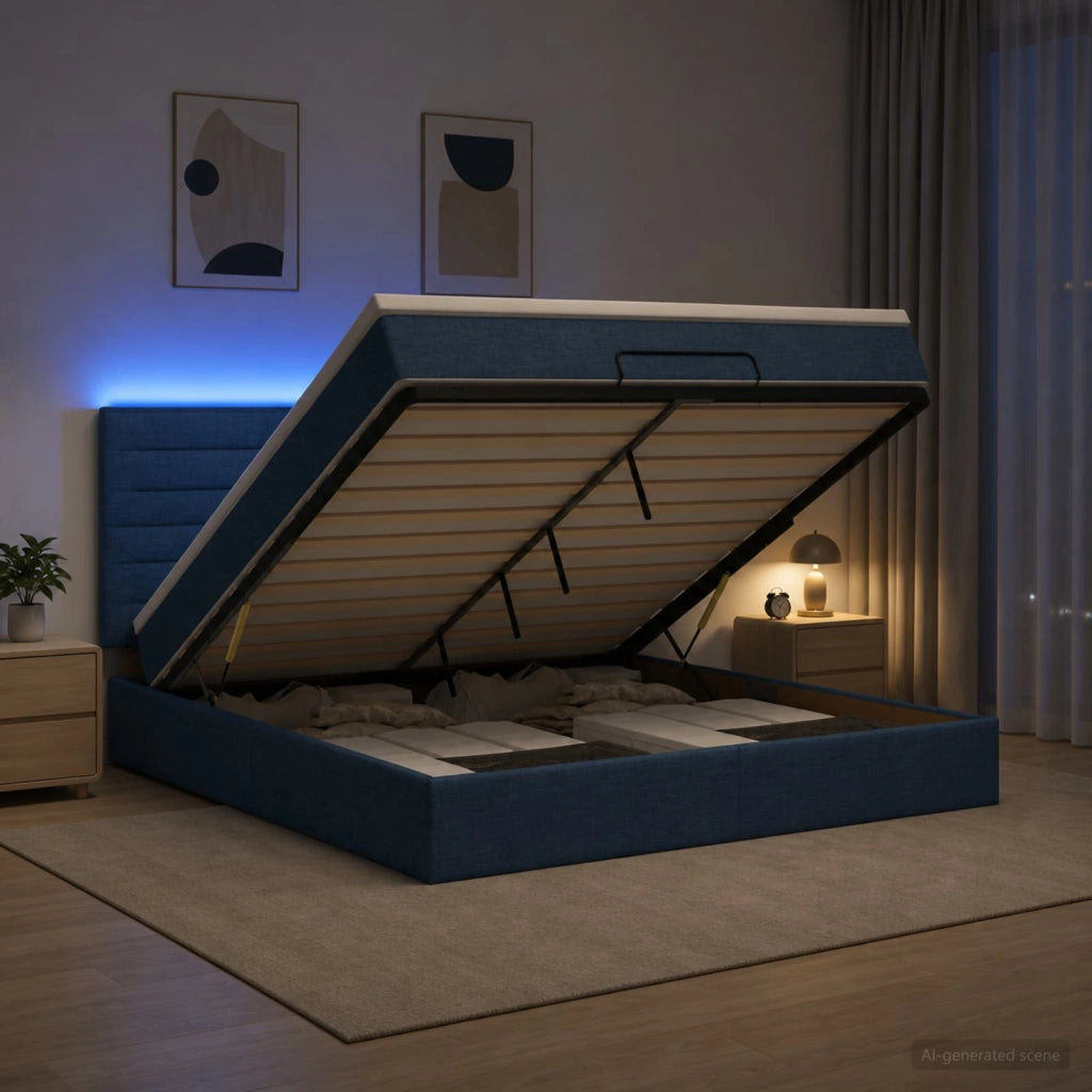 Letto Ottomano con Materasso e LED Blu 140 x 190 cm Tessuto 3457992