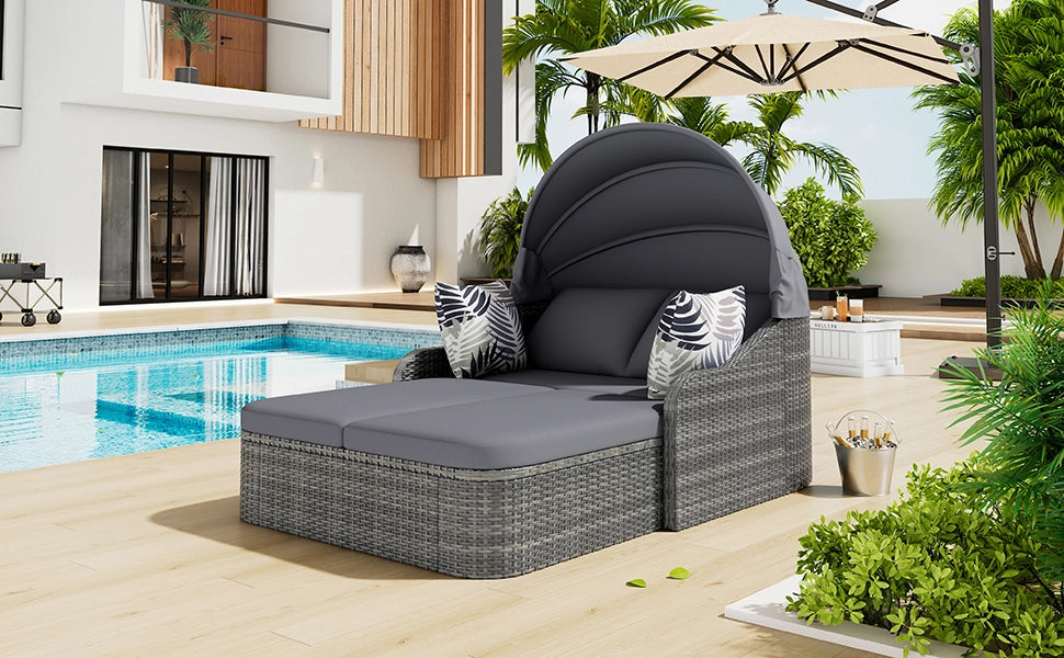 Set da giardino con area prendisole e tettuccio regolabile in rattan sintetico PE per giardino e piscina colore grigio.