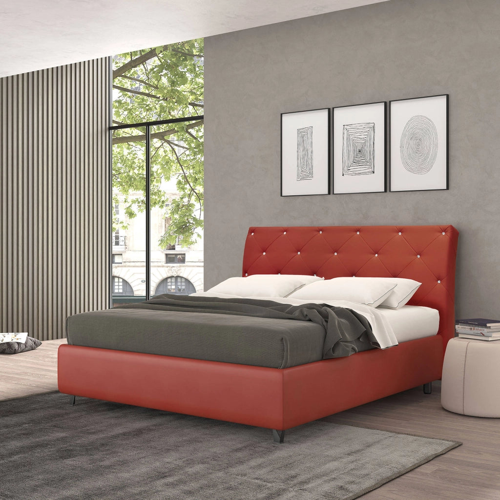 Talamo Italia Letto contenitore matrimoniale Strauss, Made in Italy, Struttura in ecopelle imbottita, Adatto a materasso 160x190 cm, Rosso