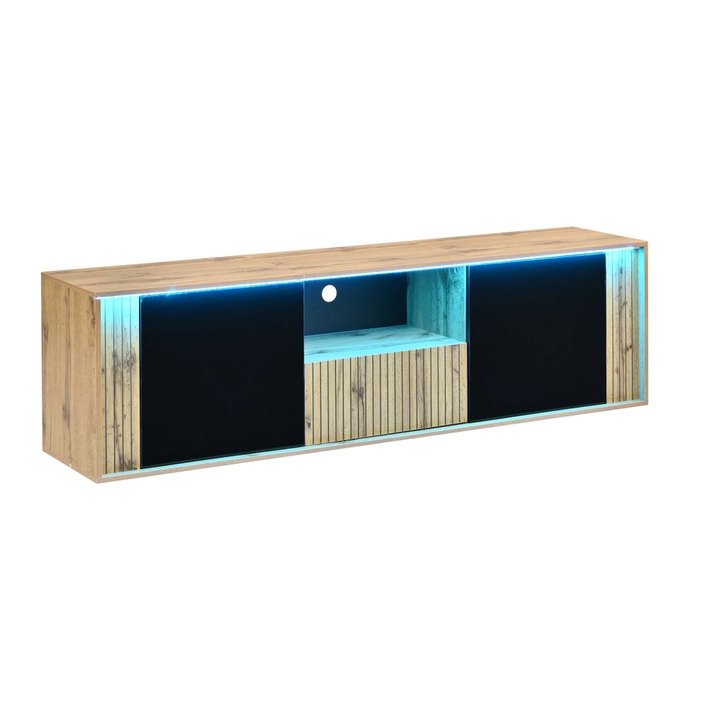 Mobile TV ULEVR 180x40x51 cm con LED Bluetooth, 2 ante e cassetto, nero e legno naturale