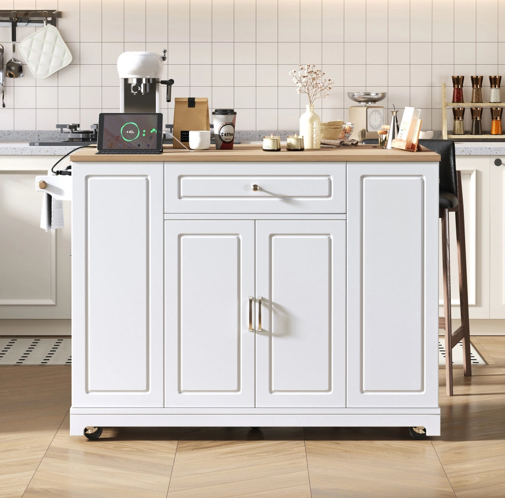 Isola cucina 131.8x40-70x93.3 cm con piano ribaltabile e prese; MDF; bianco naturale