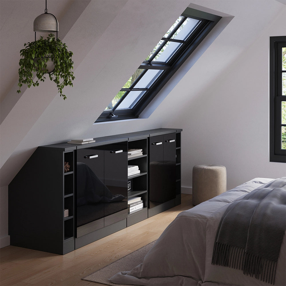 Set di mobili sottotetto Rion Nero lucido/Antracite 210 cm Set di 5 carcasse armadio profondità 60 cm Vicco