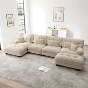 Divano angolare modulare con seduta profonda e pouf mobile, in ciniglia beige chiaro 406 × 145 × 81 cm