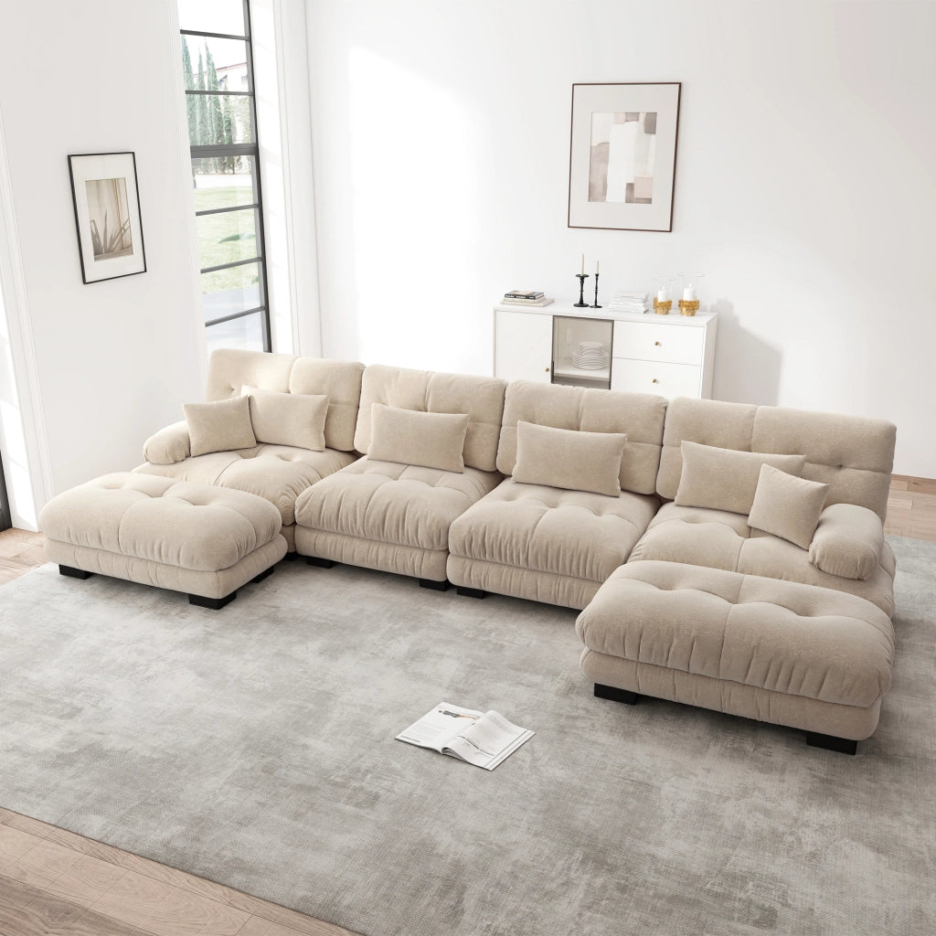Divano angolare modulare con seduta profonda e pouf mobile, in ciniglia beige chiaro 406 × 145 × 81 cm