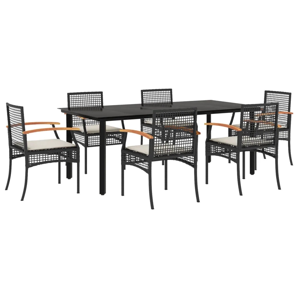 Set da Pranzo da Giardino 7 pz Nero con Cuscini in Polyrattan