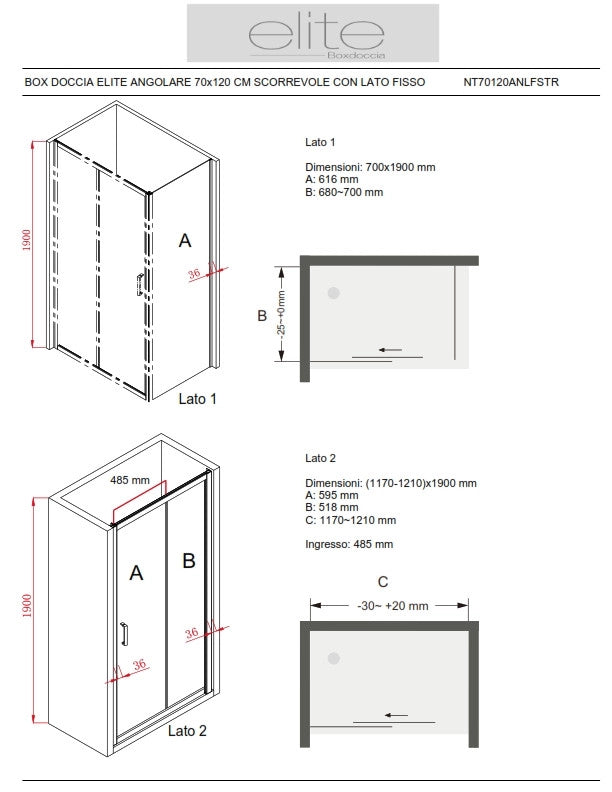 BOX DOCCIA ELITE ANGOLARE 70x120 CM SCORREVOLE CON LATO FISSO TRASPARENTE