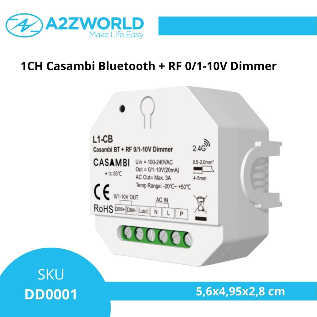 Dimmer 0-10V Casambi Bluetooth RF, 1 Canale, con Relè AC Integrato